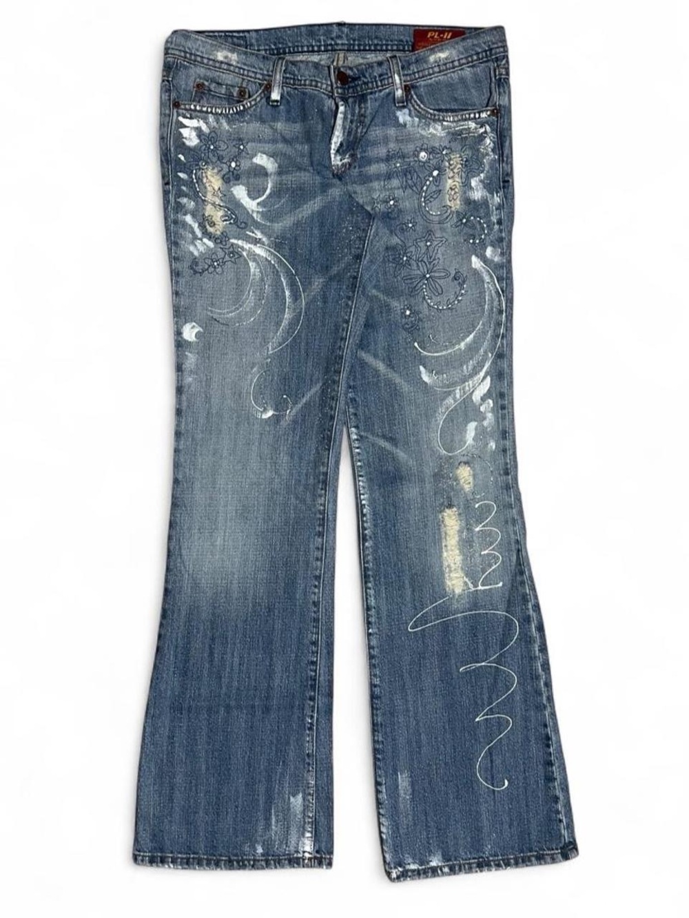 Vintage Y2K graphic denim Paint-Swash Blue Flare Jeans with Embroidery